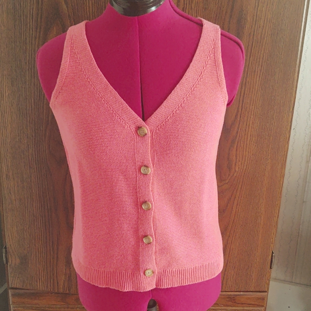 Loft Double V Neck Button Front Cotton Knit Tank Top Coral S